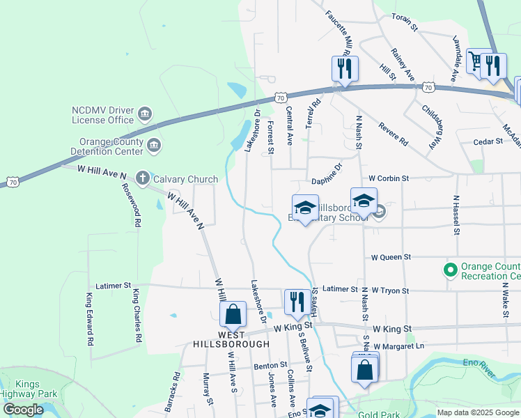 map of restaurants, bars, coffee shops, grocery stores, and more near 102 Sherwood Lane in Hillsborough