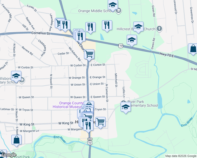 map of restaurants, bars, coffee shops, grocery stores, and more near 120 East Orange Street in Hillsborough