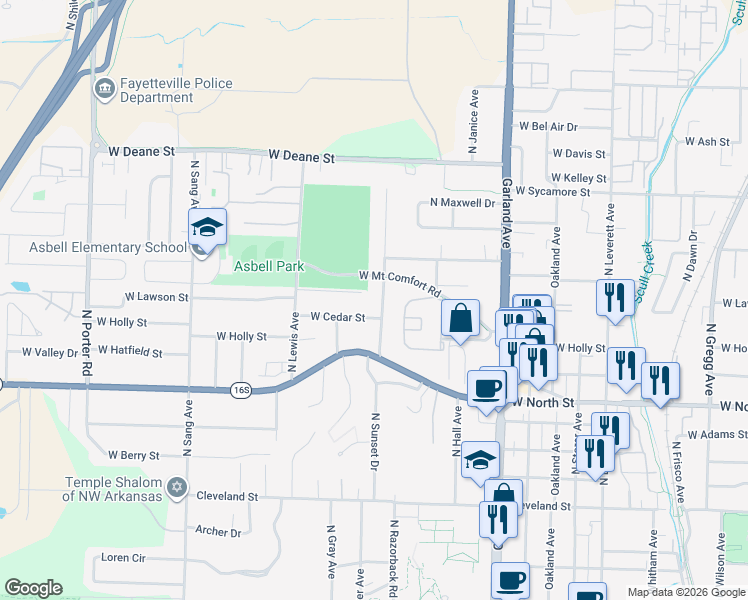 map of restaurants, bars, coffee shops, grocery stores, and more near 1351 North Stephens Avenue in Fayetteville