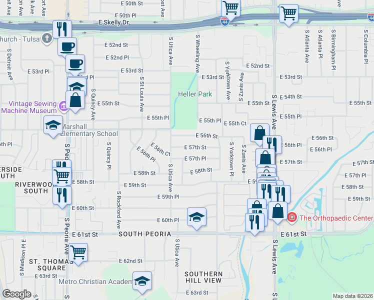 map of restaurants, bars, coffee shops, grocery stores, and more near 1734 East 57th Street in Tulsa