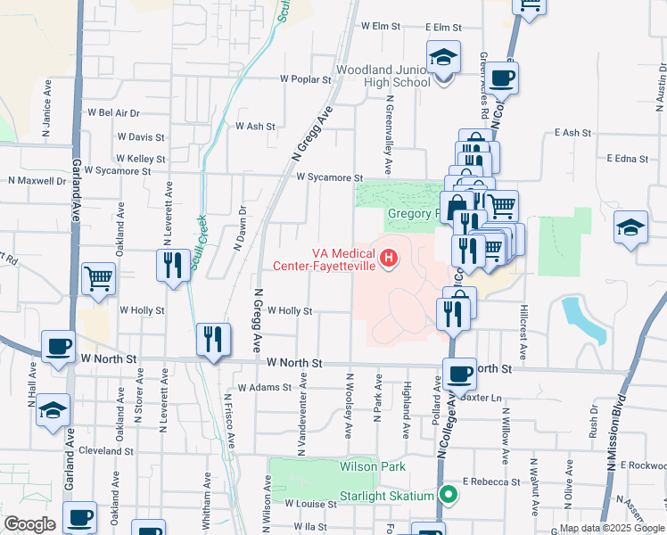 map of restaurants, bars, coffee shops, grocery stores, and more near 234 West Lawson Street in Fayetteville