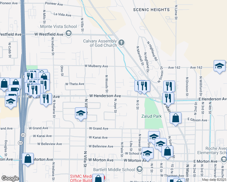 map of restaurants, bars, coffee shops, grocery stores, and more near 825 North Jaye Street in Porterville