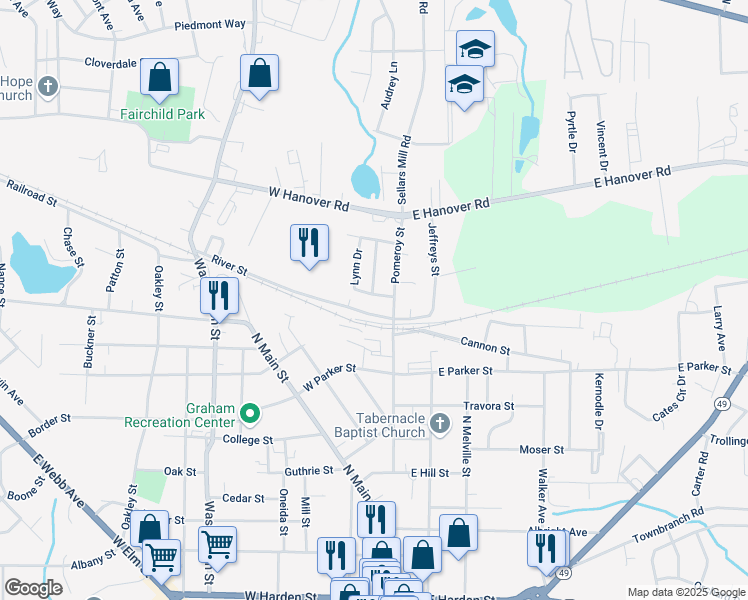 map of restaurants, bars, coffee shops, grocery stores, and more near 108 Kaye Drive in Graham