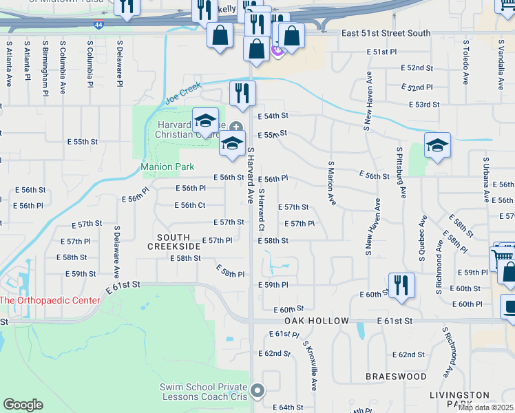 map of restaurants, bars, coffee shops, grocery stores, and more near 5634 South Harvard Court in Tulsa
