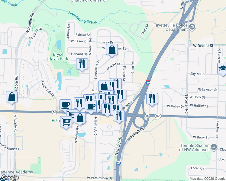 map of restaurants, bars, coffee shops, grocery stores, and more near 1290 Steamboat Drive in Fayetteville