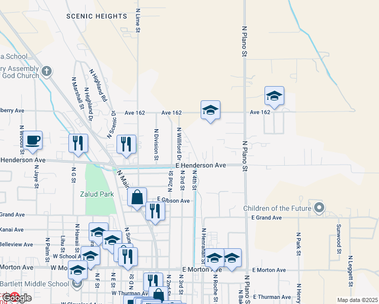map of restaurants, bars, coffee shops, grocery stores, and more near 120 East Henderson Avenue in Porterville