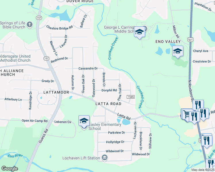 map of restaurants, bars, coffee shops, grocery stores, and more near 1202 Donphil Road in Durham