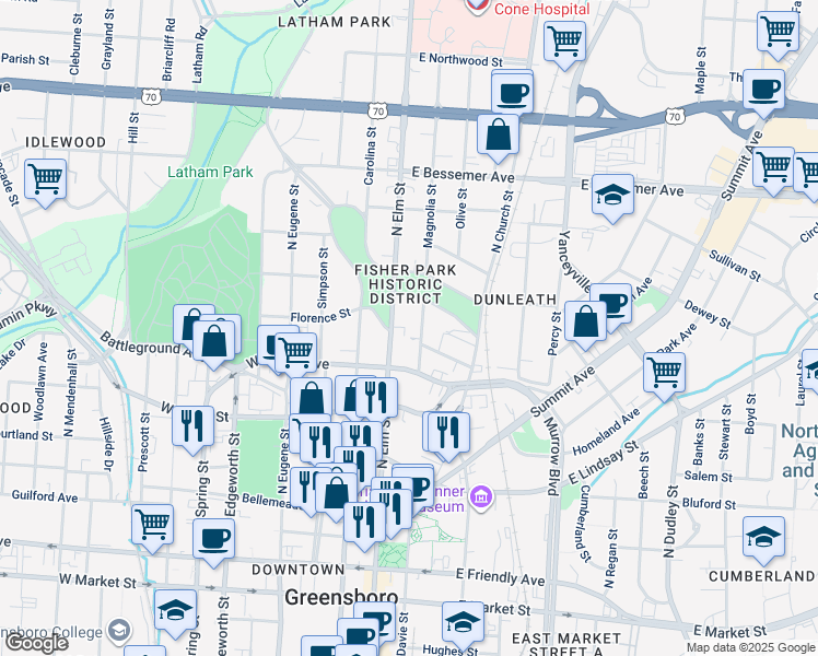map of restaurants, bars, coffee shops, grocery stores, and more near 622 North Elm Street in Greensboro