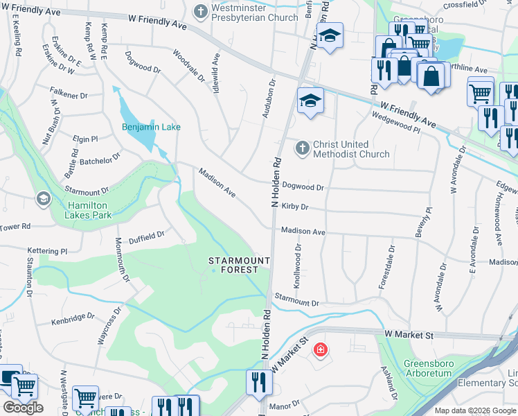 map of restaurants, bars, coffee shops, grocery stores, and more near 3908 Madison Avenue in Greensboro