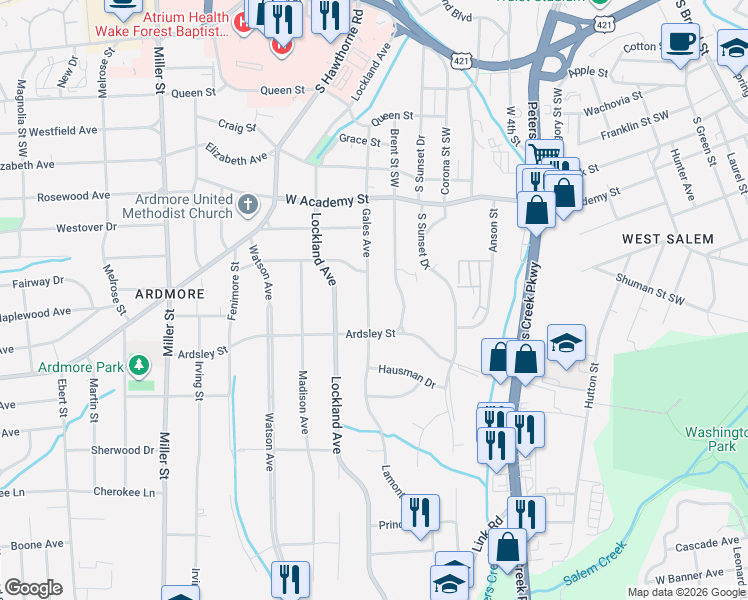 map of restaurants, bars, coffee shops, grocery stores, and more near 814 Gales Avenue in Winston-Salem