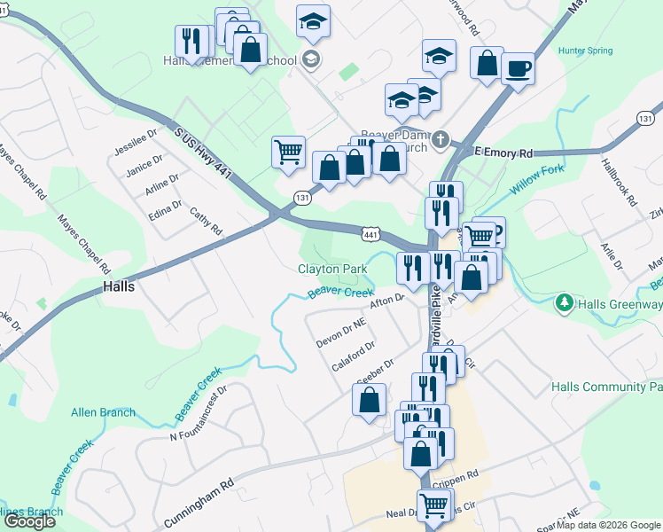 map of restaurants, bars, coffee shops, grocery stores, and more near 7347 Norris Freeway in Knoxville