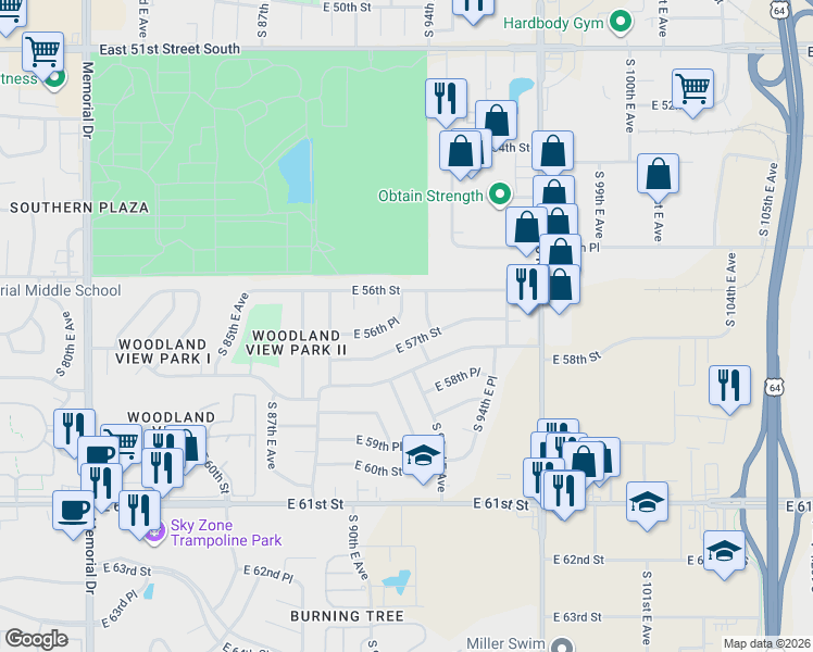 map of restaurants, bars, coffee shops, grocery stores, and more near 8966 East 56th Place in Tulsa