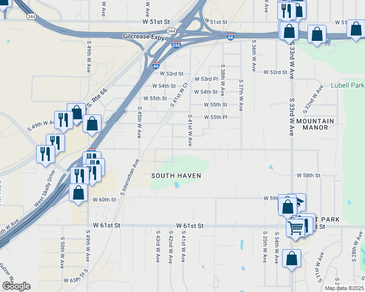map of restaurants, bars, coffee shops, grocery stores, and more near 5648 South 41st West Avenue in Tulsa