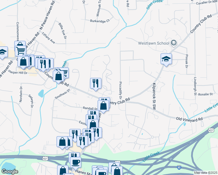 map of restaurants, bars, coffee shops, grocery stores, and more near 110 Crowne Chase Drive in Winston-Salem