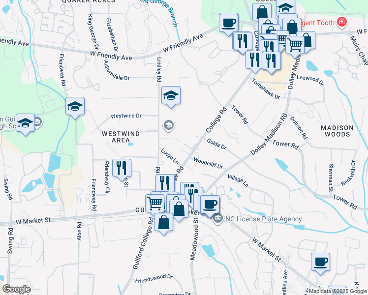 map of restaurants, bars, coffee shops, grocery stores, and more near 311 College Road in Greensboro