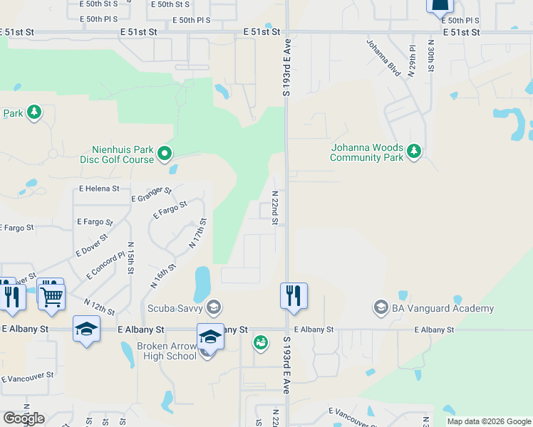 map of restaurants, bars, coffee shops, grocery stores, and more near 2300 East Fargo Street in Broken Arrow