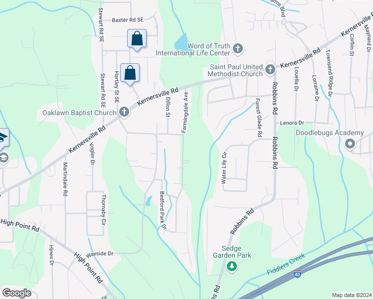 map of restaurants, bars, coffee shops, grocery stores, and more near 225 Farmingdale Avenue in Winston-Salem