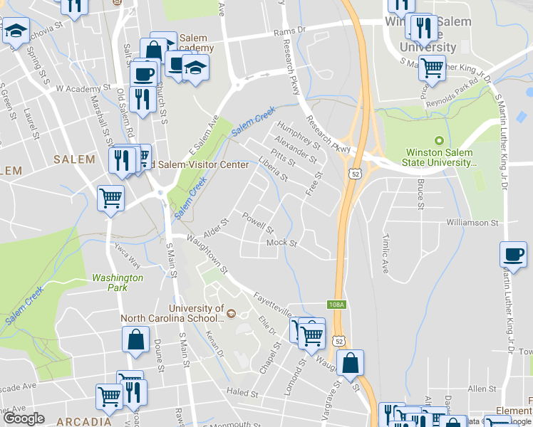 map of restaurants, bars, coffee shops, grocery stores, and more near 1228 Mint Street in Winston-Salem