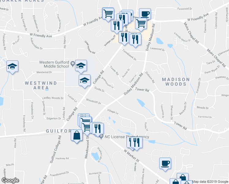 map of restaurants, bars, coffee shops, grocery stores, and more near 34 Brownstone Lane in Greensboro
