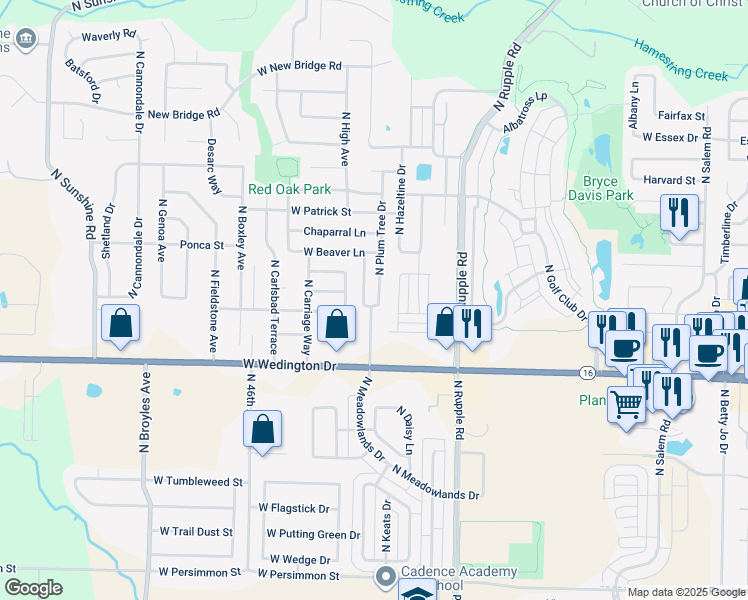 map of restaurants, bars, coffee shops, grocery stores, and more near 1303 North Plum Tree Drive in Fayetteville