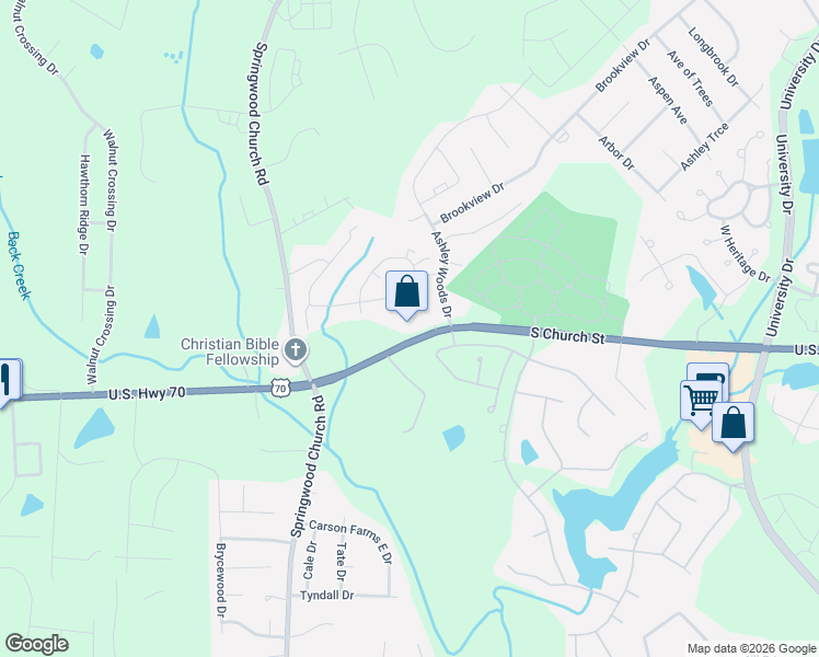 map of restaurants, bars, coffee shops, grocery stores, and more near 4221 South Church Street in Burlington
