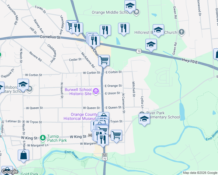 map of restaurants, bars, coffee shops, grocery stores, and more near 120 East Orange Street in Hillsborough