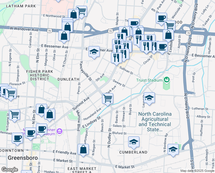 map of restaurants, bars, coffee shops, grocery stores, and more near 712 Summit Avenue in Greensboro