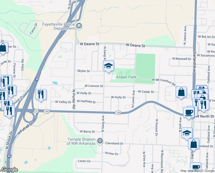 map of restaurants, bars, coffee shops, grocery stores, and more near 2017 West Lawson Street in Fayetteville