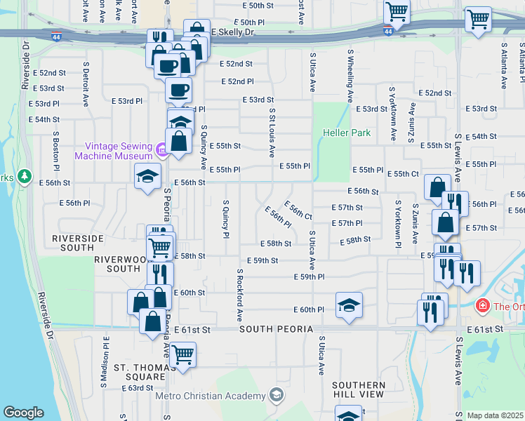 map of restaurants, bars, coffee shops, grocery stores, and more near 5637 S Rockford Pl in Tulsa
