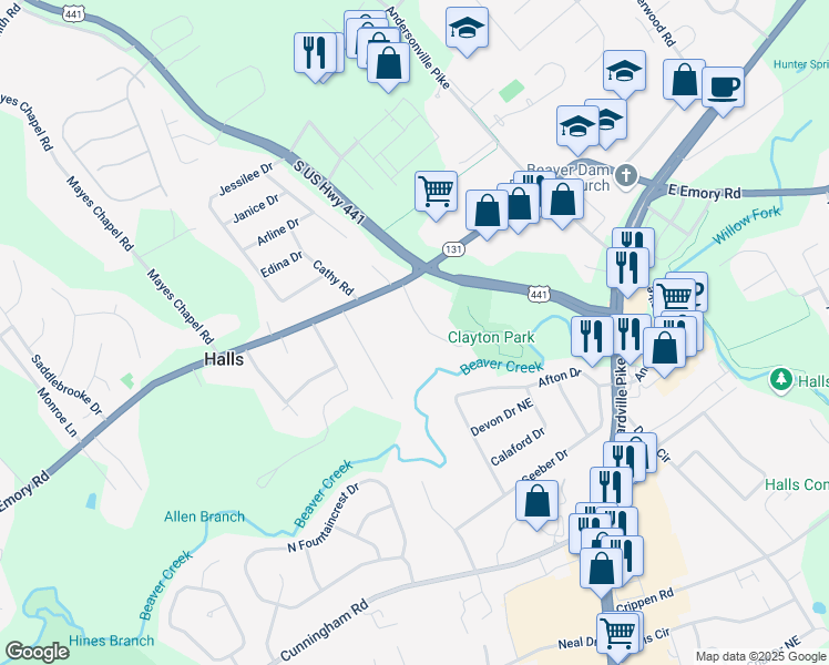 map of restaurants, bars, coffee shops, grocery stores, and more near 7371 Shalimar Point Way in Knoxville