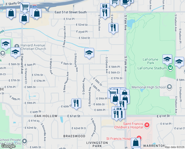 map of restaurants, bars, coffee shops, grocery stores, and more near 4309 E 58th St in Tulsa