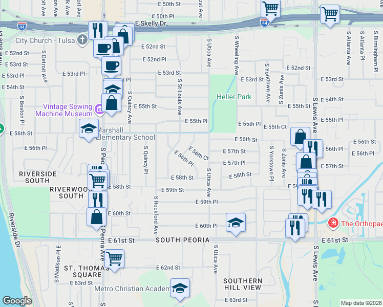 map of restaurants, bars, coffee shops, grocery stores, and more near 1612 East 56th Court in Tulsa