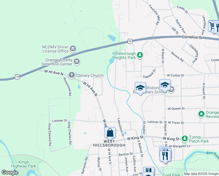 map of restaurants, bars, coffee shops, grocery stores, and more near 429 Lakeshore Drive in Hillsborough