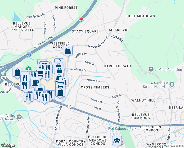 map of restaurants, bars, coffee shops, grocery stores, and more near 8037 Esterbrook Drive in Nashville