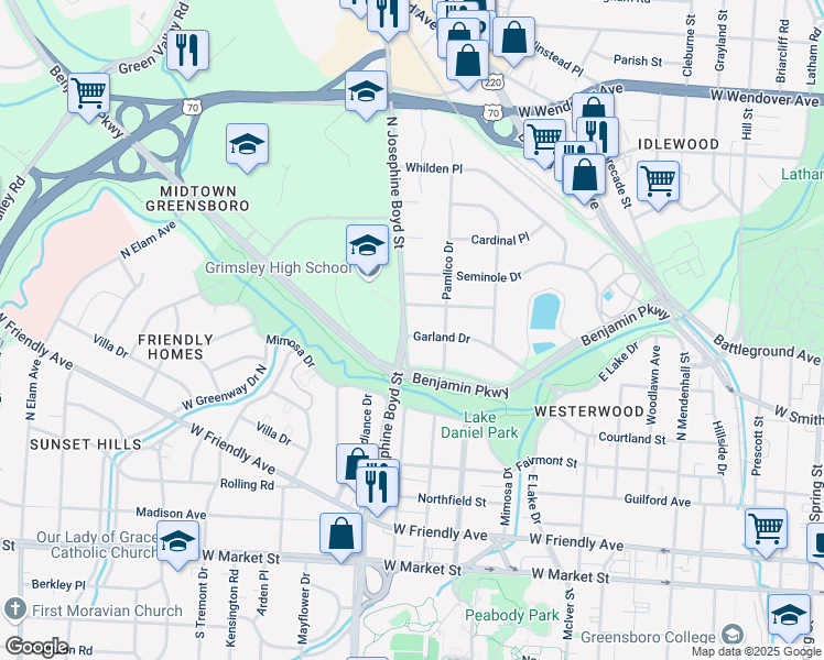 map of restaurants, bars, coffee shops, grocery stores, and more near 700 North Josephine Boyd Street in Greensboro