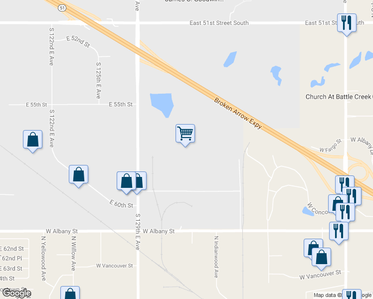 map of restaurants, bars, coffee shops, grocery stores, and more near 5555 S 129th E Ave in Tulsa