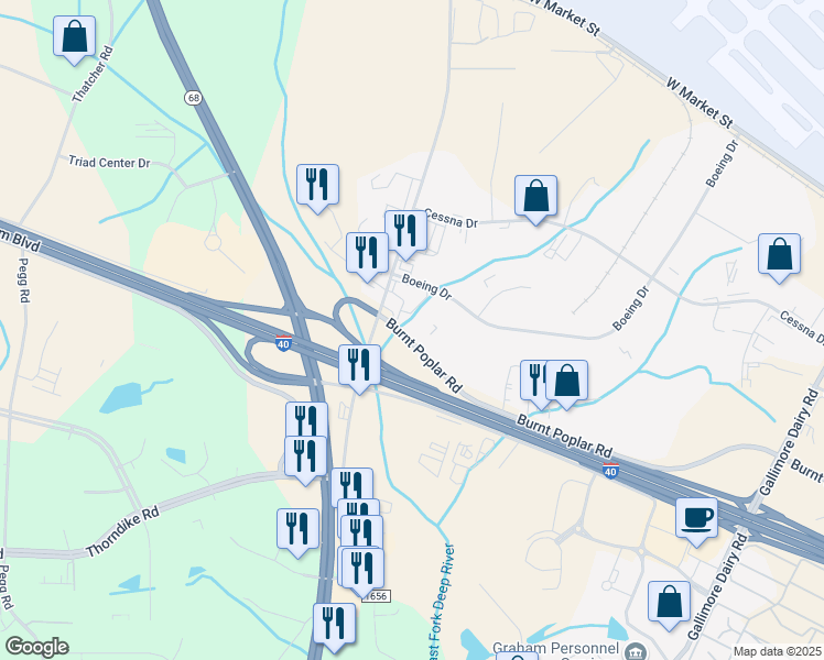 map of restaurants, bars, coffee shops, grocery stores, and more near 6405-6499 Burnt Poplar Road in Greensboro