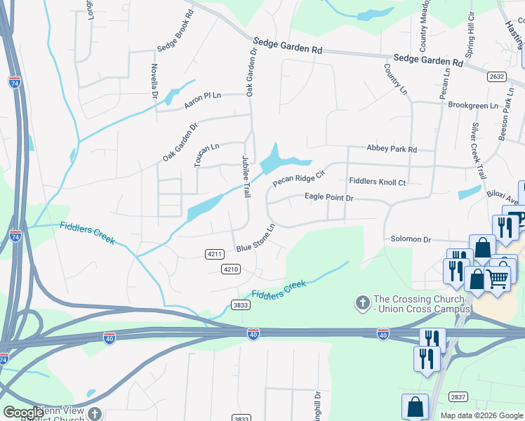 map of restaurants, bars, coffee shops, grocery stores, and more near 692 Pecan Ridge Circle in Kernersville