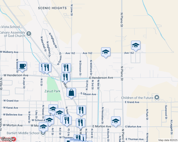 map of restaurants, bars, coffee shops, grocery stores, and more near 856 North 2nd Street in Porterville
