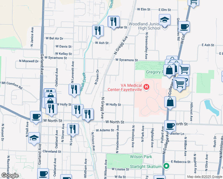 map of restaurants, bars, coffee shops, grocery stores, and more near 426 West Lawson Street in Fayetteville