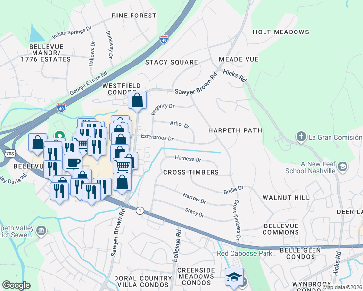 map of restaurants, bars, coffee shops, grocery stores, and more near 8037 Esterbrook Drive in Nashville