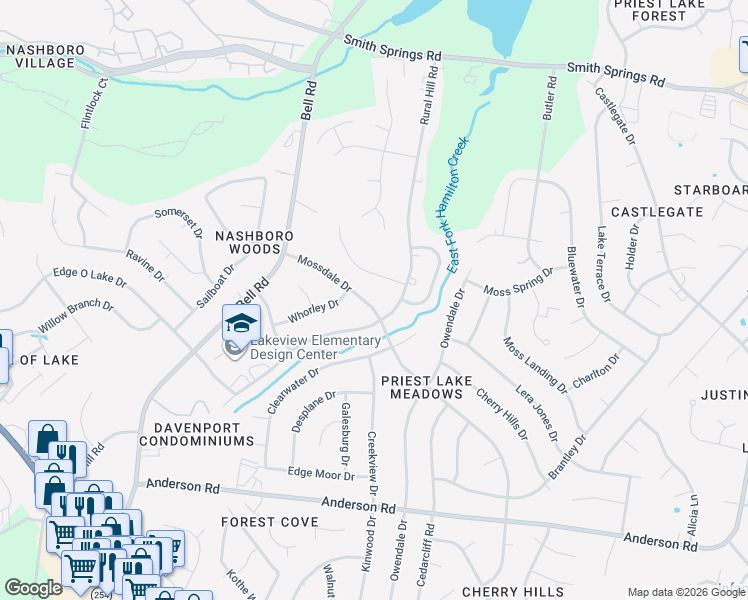 map of restaurants, bars, coffee shops, grocery stores, and more near 2740 Mossdale Drive in Nashville