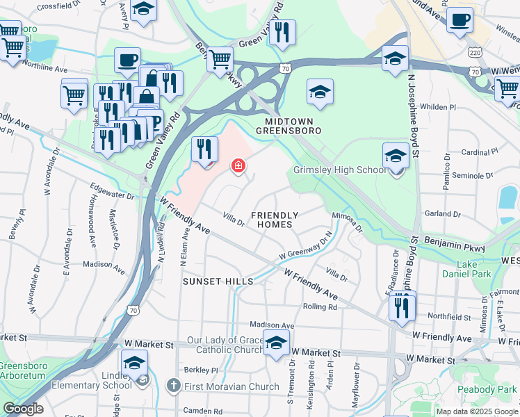 map of restaurants, bars, coffee shops, grocery stores, and more near in Greensboro