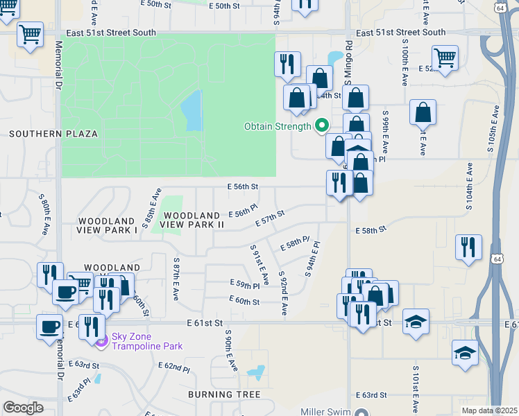 map of restaurants, bars, coffee shops, grocery stores, and more near 8966 East 56th Place in Tulsa