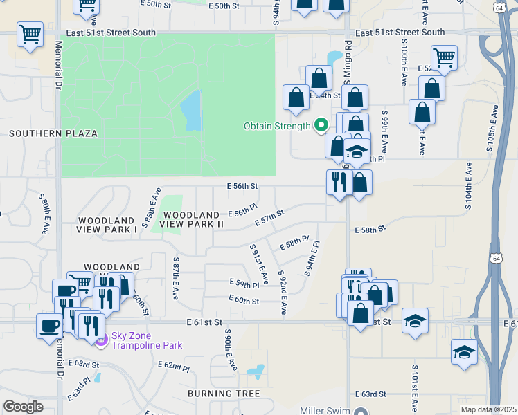 map of restaurants, bars, coffee shops, grocery stores, and more near 8966 East 56th Place in Tulsa