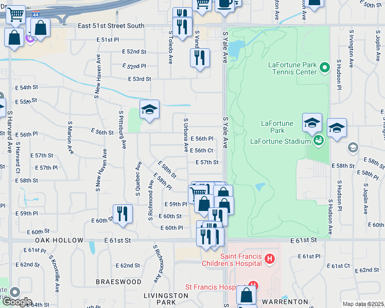 map of restaurants, bars, coffee shops, grocery stores, and more near 4612 E 56th Ct in Tulsa