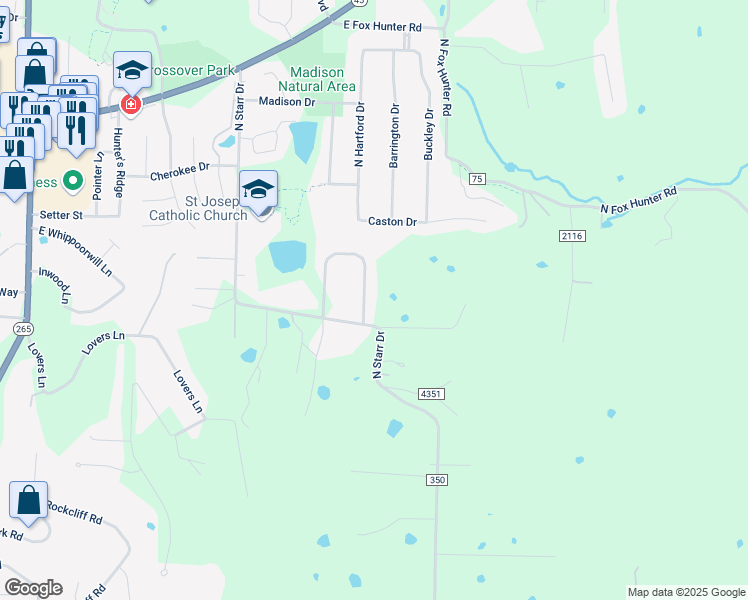 map of restaurants, bars, coffee shops, grocery stores, and more near 1104 Huntington Drive in Fayetteville