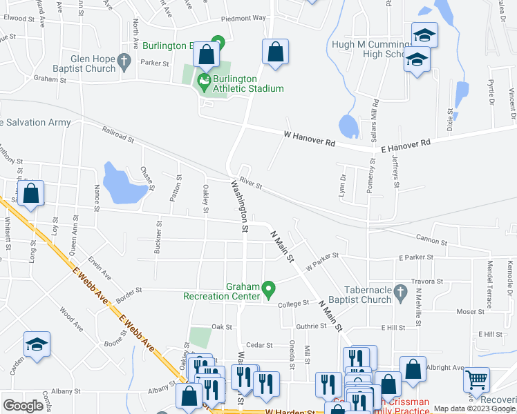 map of restaurants, bars, coffee shops, grocery stores, and more near 912 North Main Street in Graham