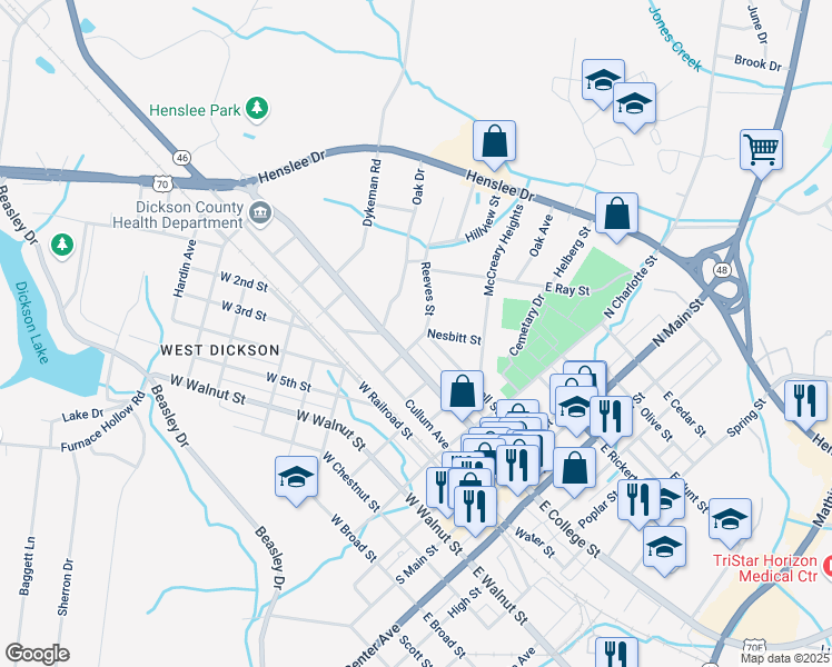map of restaurants, bars, coffee shops, grocery stores, and more near 414 Murrell Street in Dickson