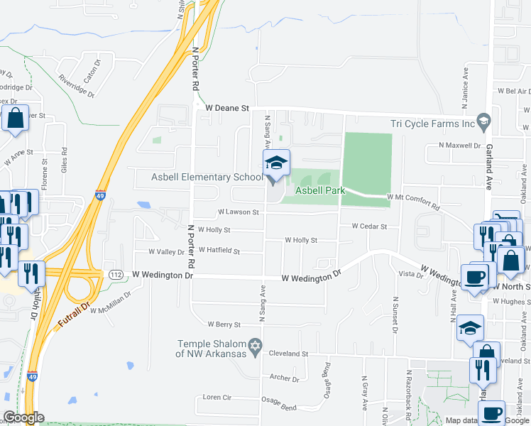 map of restaurants, bars, coffee shops, grocery stores, and more near 2017 West Lawson Street in Fayetteville